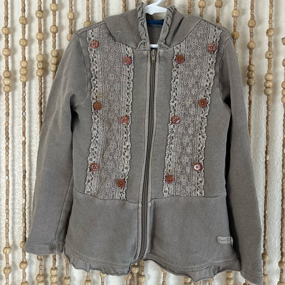 Naartjie Boho Folk Fairy Crochet Lace Ruffle Hem Hooded Long Sleeve Sweater 7